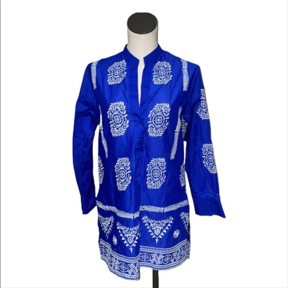 ZARA Embroidered Cotton Tunic Hi Lo Hem Blue with White Sz L/XL - Picture 11 of 13